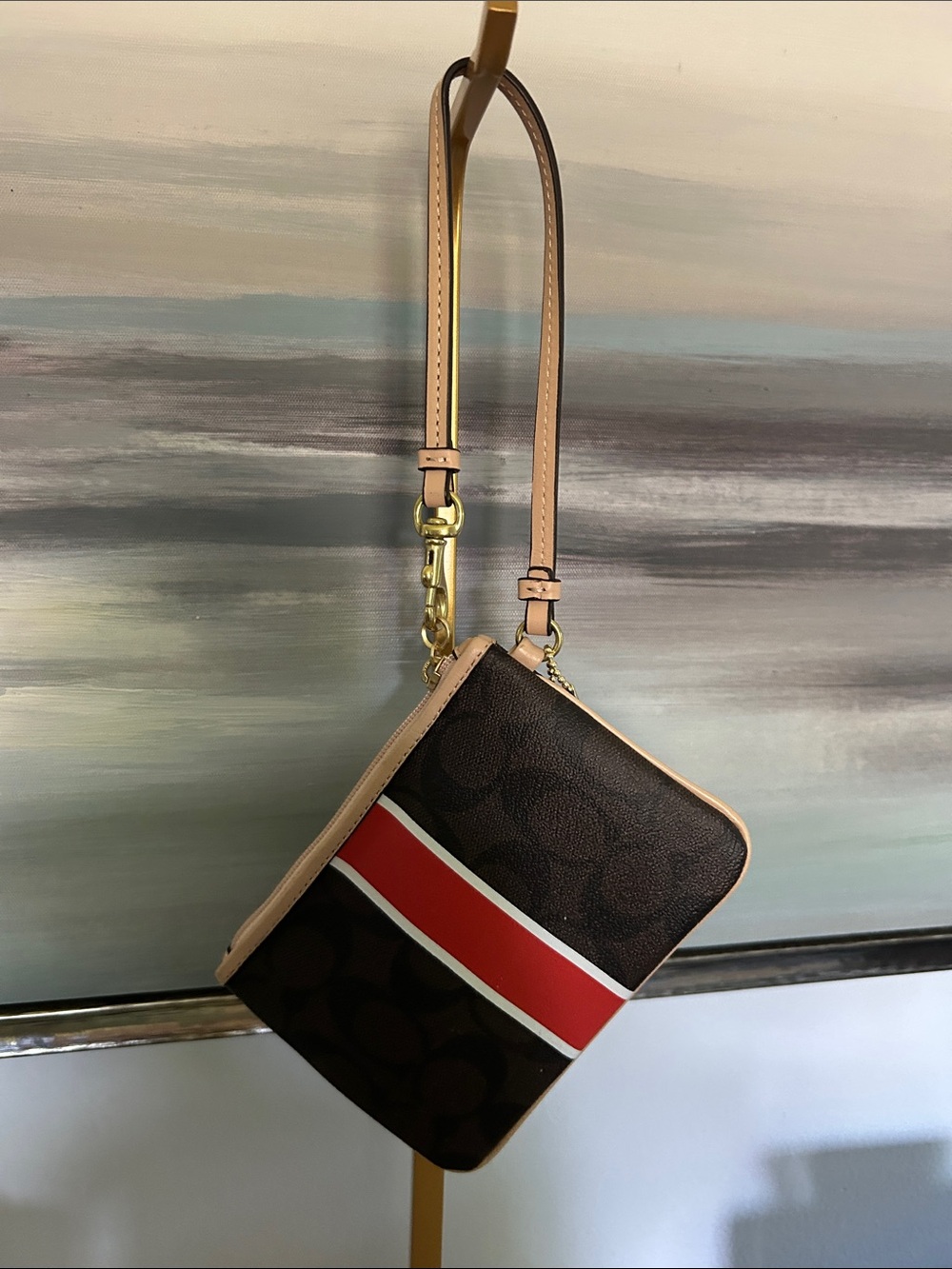 Coach Brown Signature Stripe Wristlet with Orange and White Accent Hang Tag - Picture 5 of 9